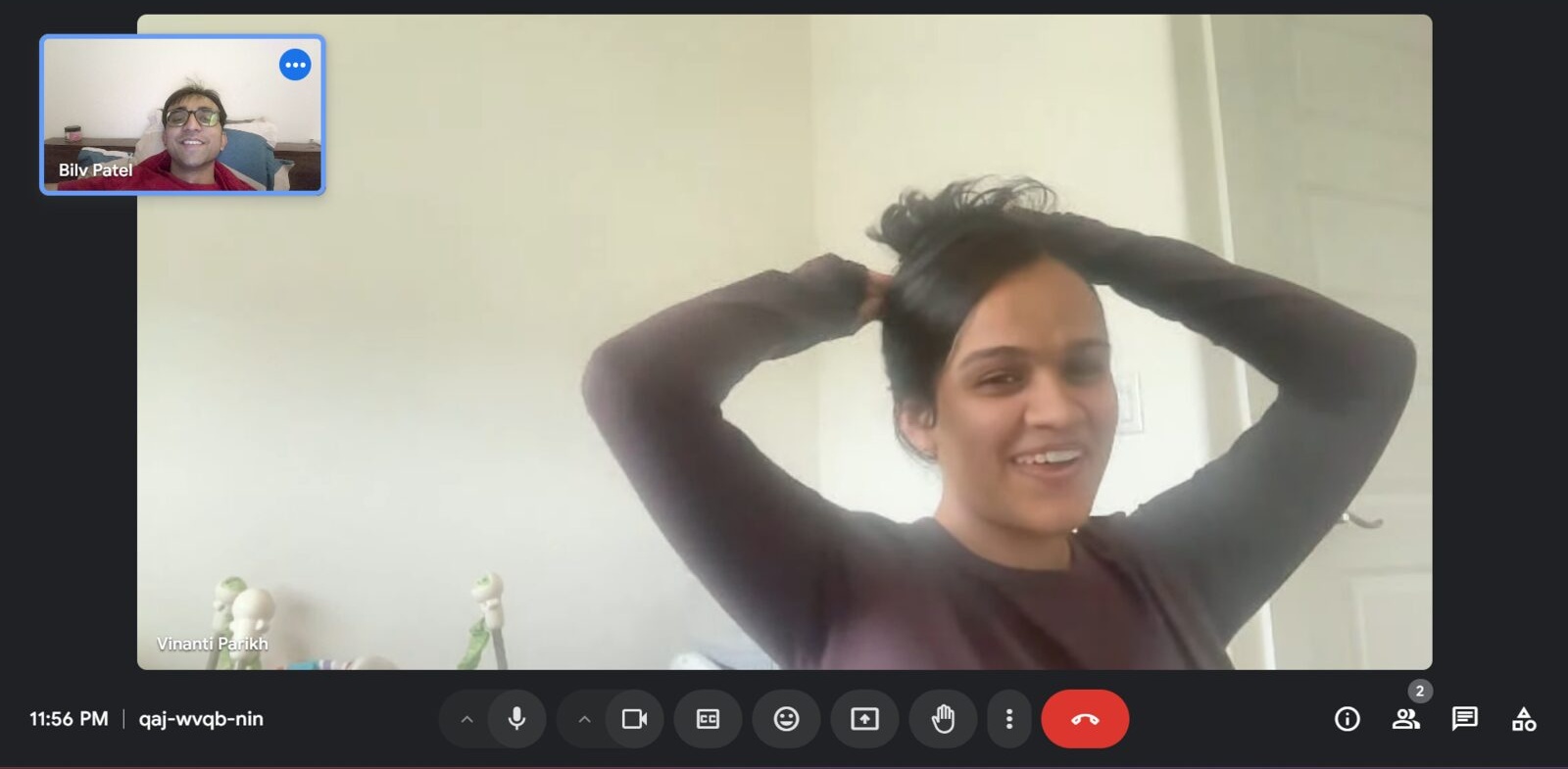 An everyday Google Meet call between Bilv and Vinanti