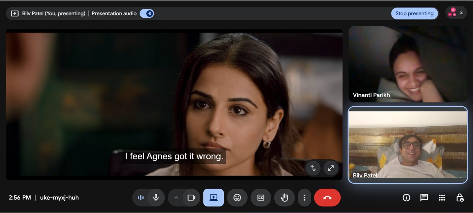 Bilv and Vinanti watching a movie together on Google Meet